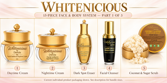 Whitenicious 15-piece face and body system — current packaging — products 1 to 5