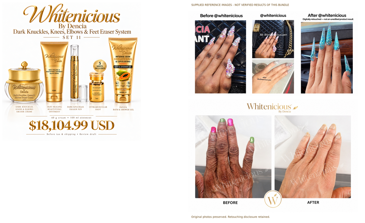 Set 11 — product lineup and supplied reference collages, not verified bundle results; retouching disclosure retained.