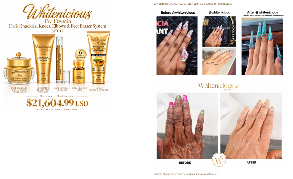 Set 12 — product lineup and supplied reference collages, not verified bundle results; retouching disclosure retained.