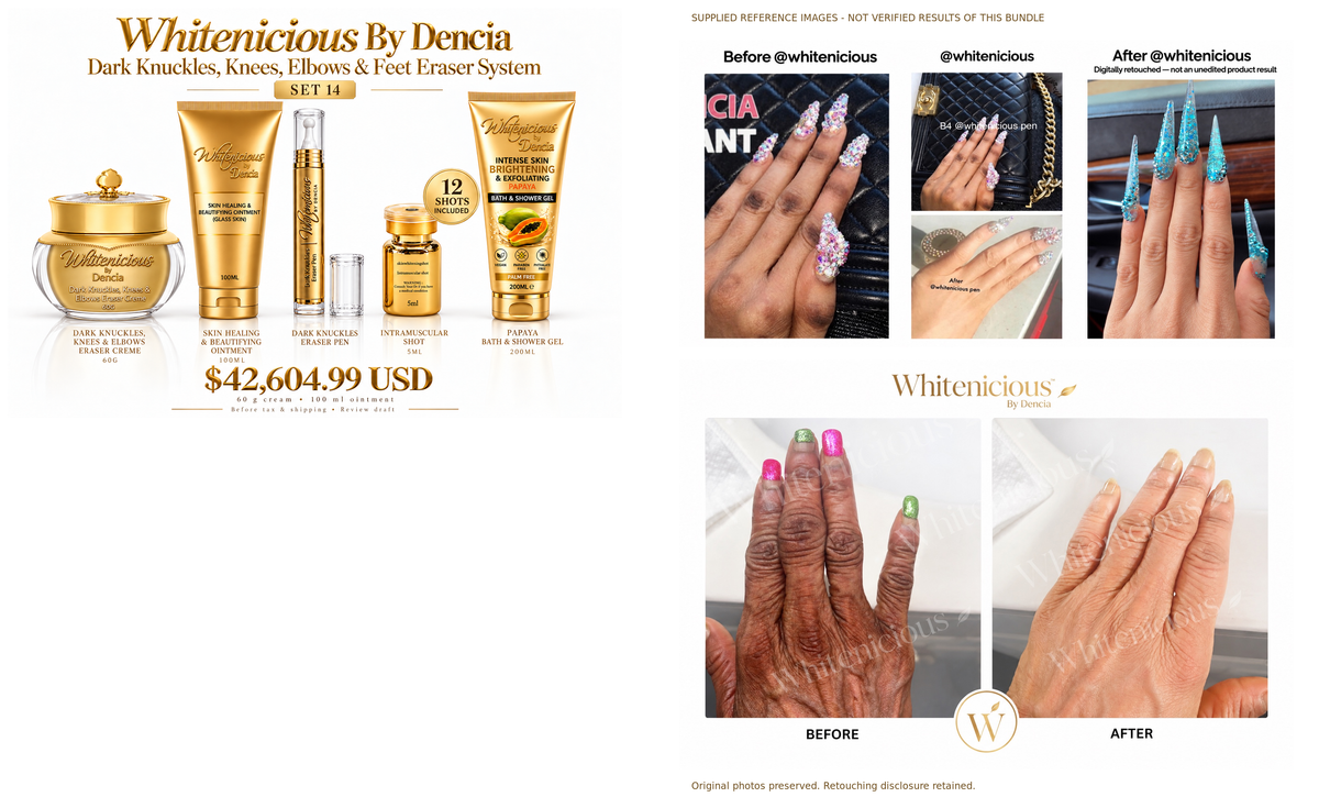 Set 14 — product lineup and supplied reference collages, not verified bundle results; retouching disclosure retained.