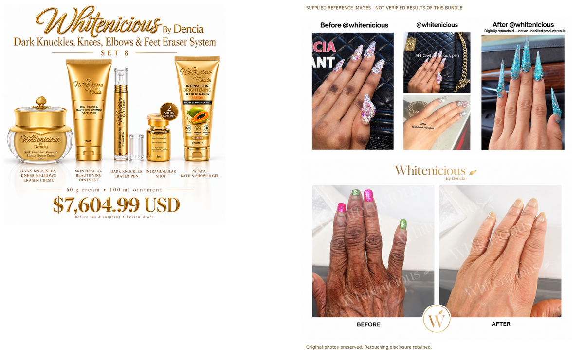 Set 8 — product lineup and supplied reference collages, not verified bundle results; retouching disclosure retained.